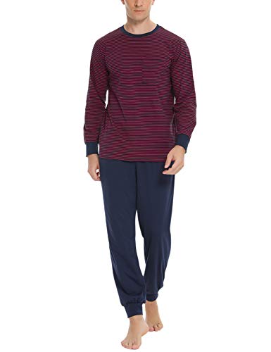 Sykooria Herren Schlafanzug lang mit Bündchen aus Baumwolle Zweiteiliger Pyjama Herren lang, Langarm Shirt & Schlafanzughose, Rot 3XL von Sykooria