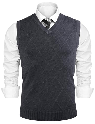 Sykooria Herren V-Ausschnitt Strickweste Ärmellos Pullunder Leicht Slim Fit Business Weste Frühling Herbst Strickpullover Männer, 3-Dunkelgrau L von Sykooria