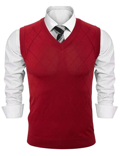 Sykooria Herren V-Ausschnitt Strickweste Ärmellos Pullunder Leicht Slim Fit Business Weste Frühling Herbst Strickpullover Männer, 3-Weinrot L von Sykooria