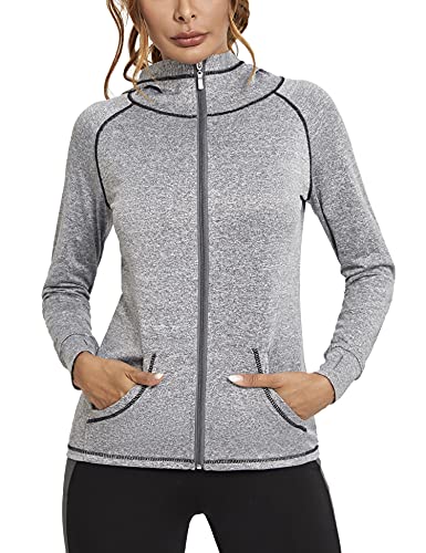 Sykooria Damen Sweatjacke Langarm Trainingsjacke Laufjacke Hoodie Leichte Atmungsaktiv Sportjacke voll Zip Kapuzenjacke mit Daumenloch und Seitentasche Fitness von Sykooria