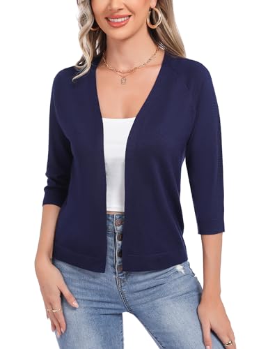 Sykooria Kurze Strickjacke Damen 3/4 Ärmel Bolero Jäckchen Festlich Leichte Cardigan Sommer Open Front Bolerojacke Stricken Kurzjacke, Dunkelblau M von Sykooria