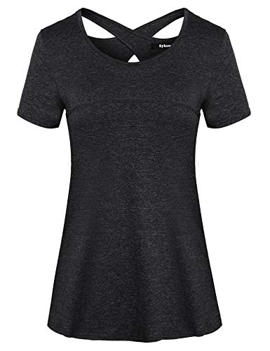 Sykooria Laufshirt Damen Kurzarm Sport T-Shirt Rundhals Sportshirt Leicht Atmungsaktiv Back Rückenfrei Fitness Gym Yoga T Shirt Oberteil, Schwarz S von Sykooria