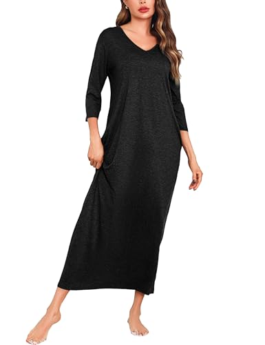 Sykooria Leversic Nachthemd Damen Lang Baumwolle Nachtkleid Schlafshirt Oversize 3/4 Ärmel Nachthemden für Damen mit V-Ausschnitt, 1019-Schwarz, XXL Sykooria Leversic Nachthemd Damen Lang Baumwolle Nachtkleid Schlafshirt Oversize 3/4 Ärmel Nachthemden für Damen mit V-Ausschnitt, 1019-Schwarz, XXL von Sykooria