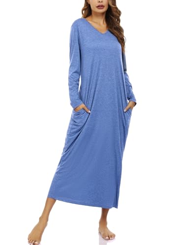 Sykooria Nachthemd Damen Lang Baumwolle Gestreifter Nachtkleid Morgenmantel Stillnachthemd Sleepwear mit Taschen, A-Blau 2, L von Sykooria