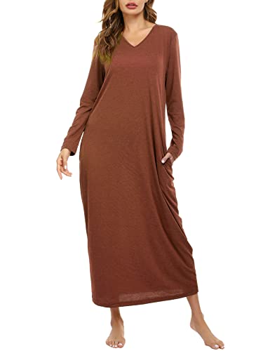 Sykooria Nachthemd Damen Lang Baumwolle Gestreifter Nachtkleid Morgenmantel Stillnachthemd Sleepwear mit Taschen, A-Dunkelorange, M von Sykooria