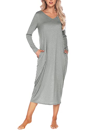 Sykooria Nachthemd Damen Lang Baumwolle Gestreifter Nachtkleid Morgenmantel Stillnachthemd Sleepwear mit Taschen, A-Grau, XL von Sykooria