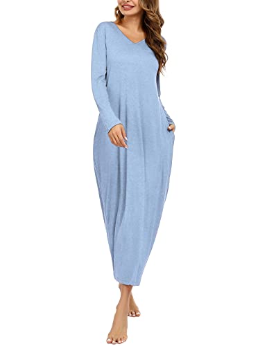 Sykooria Nachthemd Damen Lang Baumwolle Gestreifter Nachtkleid Morgenmantel Stillnachthemd Sleepwear mit Taschen, A-Hellblau, XXL von Sykooria