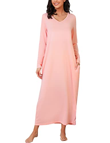 Sykooria Nachthemd Damen Lang Baumwolle Gestreifter Nachtkleid Morgenmantel Stillnachthemd Sleepwear mit Taschen, A-Rosa, M von Sykooria