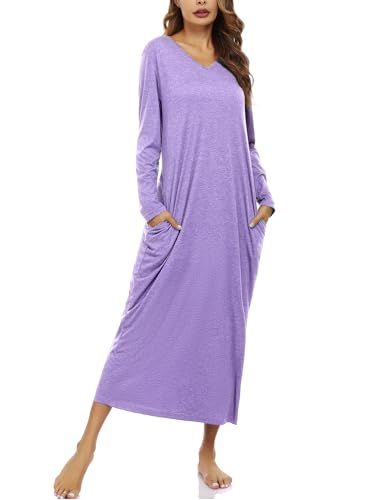 Sykooria Nachthemd Damen Lang Baumwolle Gestreifter Nachtkleid Morgenmantel Stillnachthemd Sleepwear mit Taschen, A-helles Lila, L von Sykooria