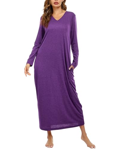 Sykooria Nachthemd Damen Lang Baumwolle Gestreifter Nachtkleid Morgenmantel Stillnachthemd Sleepwear mit Taschen, A-violett, M von Sykooria