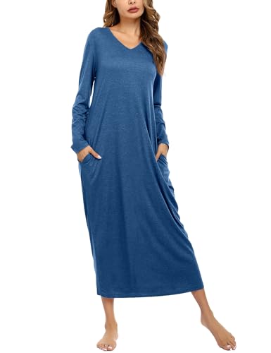 Sykooria Nachthemd Damen Lang Baumwolle Gestreifter Nachtkleid Morgenmantel Stillnachthemd Sleepwear mit Taschen, Dunkelblau, XXL von Sykooria
