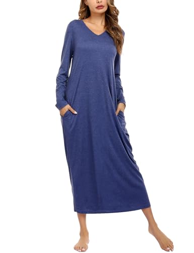 Sykooria Nachthemd Damen Lang Baumwolle Gestreifter Nachtkleid Morgenmantel Stillnachthemd Sleepwear mit Taschen, A-Blau, L von Sykooria