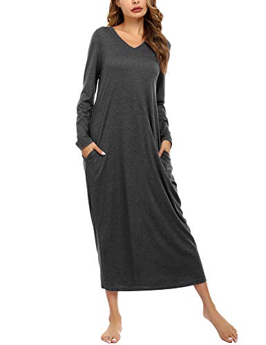 Sykooria Nachthemd Damen Lang Baumwolle Gestreifter Nachtkleid Morgenmantel Stillnachthemd Sleepwear mit Taschen, A-Dunkelgrau, M von Sykooria