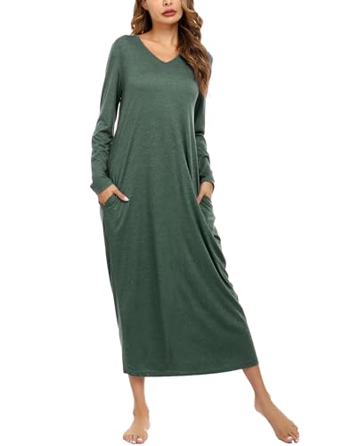 Sykooria Nachthemd Damen Lang Baumwolle Gestreifter Nachtkleid Morgenmantel Stillnachthemd Sleepwear mit Taschen, A-Dunkelgrün, L von Sykooria