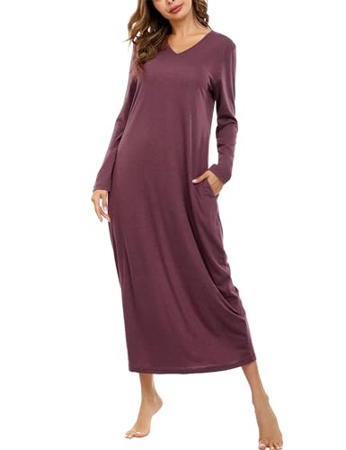 Sykooria Nachthemd Damen Lang Baumwolle Gestreifter Nachtkleid Morgenmantel Stillnachthemd Sleepwear mit Taschen, A-Rot, XL von Sykooria