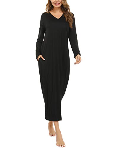 Sykooria Nachthemd Damen Lang Baumwolle Gestreifter Nachtkleid Morgenmantel Stillnachthemd Sleepwear mit Taschen, A-Schwarz, M von Sykooria