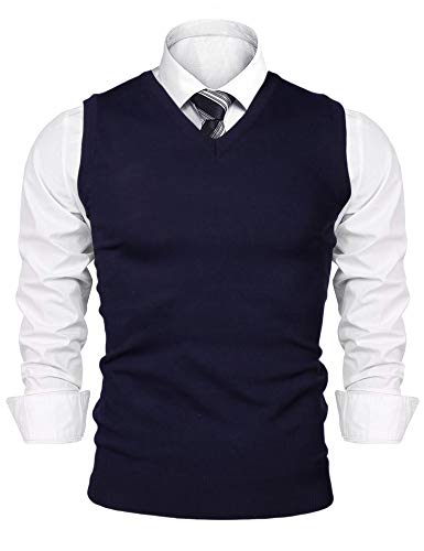 Sykooria Pullover Herren Pullunder V-Ausschnitt Baumwoll Strickweste Ärmellose Weste Einfarbig Männer Strickpullover Casual Winter Sleeveless Strickpulli, Dunkelblau XL von Sykooria