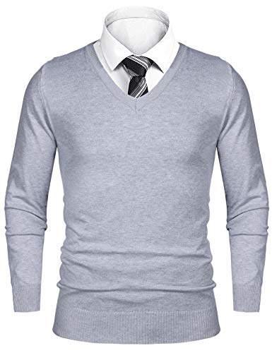 Sykooria Pullover Herren V Ausschnitt Strickpullove Langarm Baumwolle Sweater Business Stretch Feinstrickpullover Herbst Winter,für Hemd(Grau,L) von Sykooria