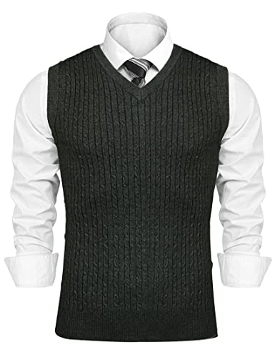 Sykooria Pullover Herren Winter V-Ausschnitt Strick Pullunder Ärmellose Strickweste Klassische Strickpullover Weste Winterpullover Sleeveless Strick-Pullover Slim Fit Einfarbig, Dunkelgrau L von Sykooria