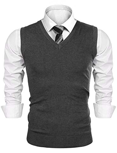 Sykooria Pullunder Herren Baumwolle Ärmellose Strick Pullover V-Ausschnitt Strickweste Winter Strickpullover Weste für Männer, Dunkelgrau S von Sykooria