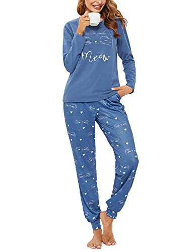 Sykooria Schlafanzug Damen Lang aus Baumwolle Langarm V-Ausschnitt Kontrastkante Design Zweiteilige Pyjama Damen Set Oberteile & Pyjamahosen, A-Blau, S von Sykooria