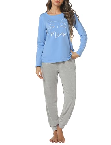 Sykooria Schlafanzug Damen Lang aus Baumwolle Langarm V-Ausschnitt Kontrastkante Design Zweiteilige Pyjama Damen Set Oberteile & Pyjamahosen, A-Blau 1, L von Sykooria