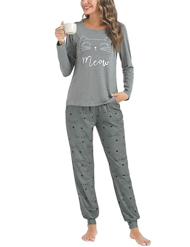 Sykooria Schlafanzug Damen Lang aus Baumwolle Langarm V-Ausschnitt Kontrastkante Design Zweiteilige Pyjama Damen Set Oberteile & Pyjamahosen, A-Dunkelgrau, XL von Sykooria