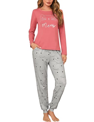 Sykooria Schlafanzug Damen Lang aus Baumwolle Langarm V-Ausschnitt Kontrastkante Design Zweiteilige Pyjama Damen Set Oberteile & Pyjamahosen, A-Dunkelrosa, L von Sykooria