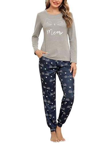 Sykooria Schlafanzug Damen Lang aus Baumwolle Langarm V-Ausschnitt Kontrastkante Design Zweiteilige Pyjama Damen Set Oberteile & Pyjamahosen, A-Grau+Dunkelblau, S von Sykooria