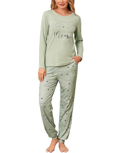 Sykooria Schlafanzug Damen Lang aus Baumwolle Langarm V-Ausschnitt Kontrastkante Design Zweiteilige Pyjama Damen Set Oberteile & Pyjamahosen, A-Hellgrün, L von Sykooria