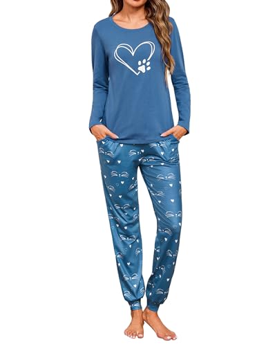 Sykooria Schlafanzug Damen Lang aus Baumwolle Langarm V-Ausschnitt Kontrastkante Design Zweiteilige Pyjama Damen Set Oberteile & Pyjamahosen, A-Liebe+Blau, M von Sykooria
