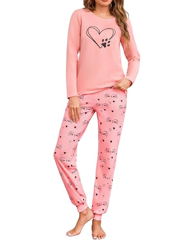 Sykooria Schlafanzug Damen Lang aus Baumwolle Langarm V-Ausschnitt Kontrastkante Design Zweiteilige Pyjama Damen Set Oberteile & Pyjamahosen, A-Liebe+Rosa, L von Sykooria