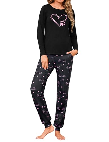 Sykooria Schlafanzug Damen Lang aus Baumwolle Langarm V-Ausschnitt Kontrastkante Design Zweiteilige Pyjama Damen Set Oberteile & Pyjamahosen, A-Liebe+Schwarz, XL von Sykooria