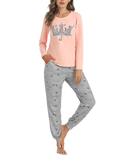 Sykooria Schlafanzug Damen Lang aus Baumwolle Langarm V-Ausschnitt Kontrastkante Design Zweiteilige Pyjama Damen Set Oberteile & Pyjamahosen, A-PAT1, XL von Sykooria