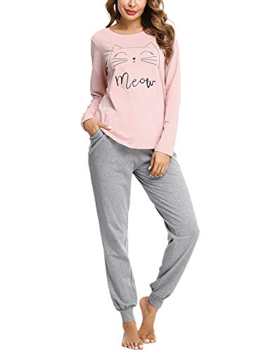 Sykooria Schlafanzug Damen Lang aus Baumwolle Langarm V-Ausschnitt Kontrastkante Design Zweiteilige Pyjama Damen Set Oberteile & Pyjamahosen, A-Rosa, S von Sykooria