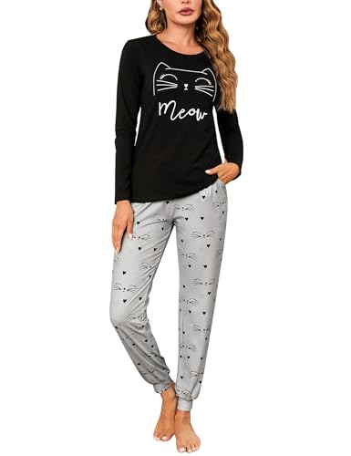 Sykooria Schlafanzug Damen Lang aus Baumwolle Langarm V-Ausschnitt Kontrastkante Design Zweiteilige Pyjama Damen Set Oberteile & Pyjamahosen, A-Schwarz+Grau, M von Sykooria