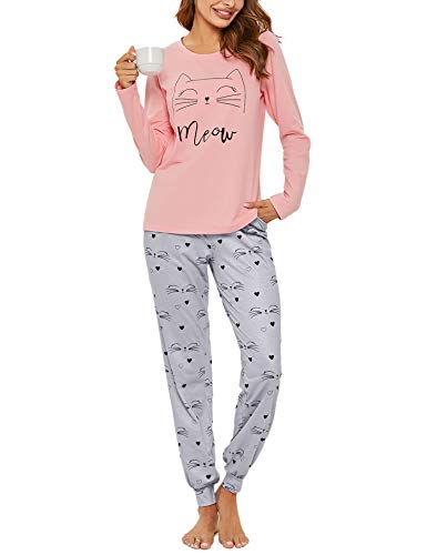 Sykooria Schlafanzug Damen Lang aus Baumwolle Langarm V-Ausschnitt Kontrastkante Design Zweiteilige Pyjama Damen Set Oberteile & Pyjamahosen, A-Pink, L von Sykooria