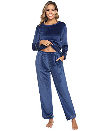 Sykooria Schlafanzug Damen Winter warm Hausanzug Damen Kuschelig Pyjama aus Flanell Zweiteilige Nachtwäsche Set Fleece Oberteile & Pyjamahosen Hausanzug Sleepwear, Dunkelblau, M von Sykooria