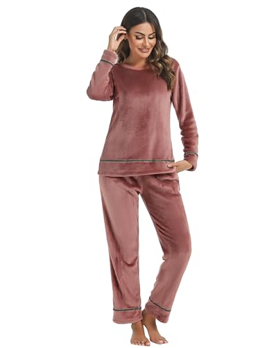 Sykooria Schlafanzug Damen Winter warm Hausanzug Damen Kuschelig Pyjama aus Flanell Zweiteilige Nachtwäsche Set Fleece Oberteile & Pyjamahosen Hausanzug Sleepwear, Dunkelrosa, S von Sykooria