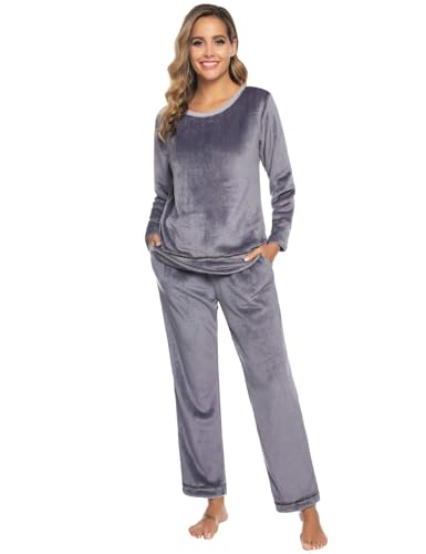Sykooria Schlafanzug Damen Winter warm Hausanzug Damen Kuschelig Pyjama aus Flanell Zweiteilige Nachtwäsche Set Fleece Oberteile & Pyjamahosen Hausanzug Sleepwear, Grau, S von Sykooria