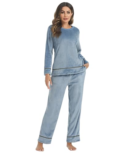 Sykooria Schlafanzug Damen Winter warm Hausanzug Damen Kuschelig Pyjama aus Flanell Zweiteilige Nachtwäsche Set Fleece Oberteile & Pyjamahosen Hausanzug Sleepwear, Hellblau, L von Sykooria