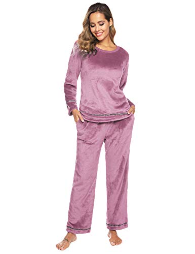 Sykooria Schlafanzug Damen Winter warm Hausanzug Damen Kuschelig Pyjama aus Flanell Zweiteilige Nachtwäsche Set Fleece Oberteile & Pyjamahosen Hausanzug Sleepwear, Rosa, L von Sykooria