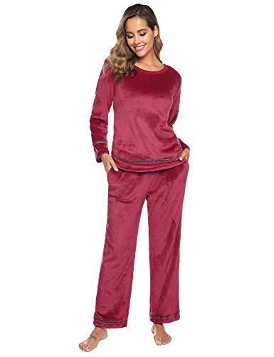 Sykooria Schlafanzug Damen Winter warm Hausanzug Damen Kuschelig Pyjama aus Flanell Zweiteilige Nachtwäsche Set Fleece Oberteile & Pyjamahosen Hausanzug Sleepwear, Weinrot, L von Sykooria