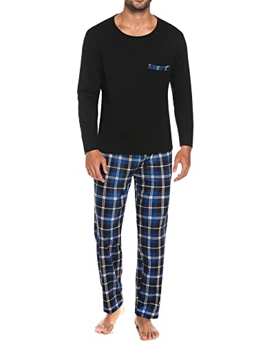Sykooria Schlafanzug Herren Lang mit Bündchen Zweiteiliger Karierter Pyjama Set, Langarm Shirt & Schlafanzughose aus Baumwolle, D-Blau+Schwarz, S von Sykooria