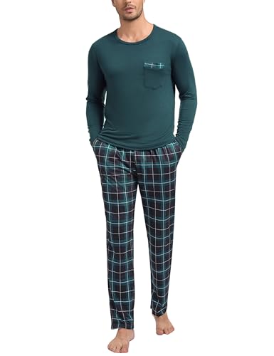 Sykooria Schlafanzug Herren Lang mit Bündchen Zweiteiliger Karierter Pyjama Set, Langarm Shirt & Schlafanzughose aus Baumwolle, D-Dunkelgrün, 4XL von Sykooria