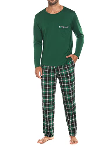 Sykooria Schlafanzug Herren Lang mit Bündchen Zweiteiliger Karierter Pyjama Set, Langarm Shirt & Schlafanzughose aus Baumwolle, D-Grün, 3XL von Sykooria