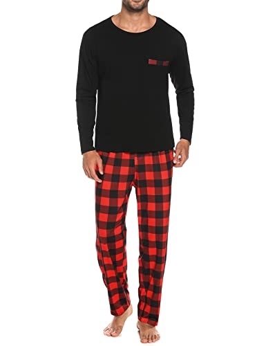 Sykooria Schlafanzug Herren Lang mit Bündchen Zweiteiliger Karierter Pyjama Set, Langarm Shirt & Schlafanzughose aus Baumwolle, D-Rot+schwarz, M von Sykooria