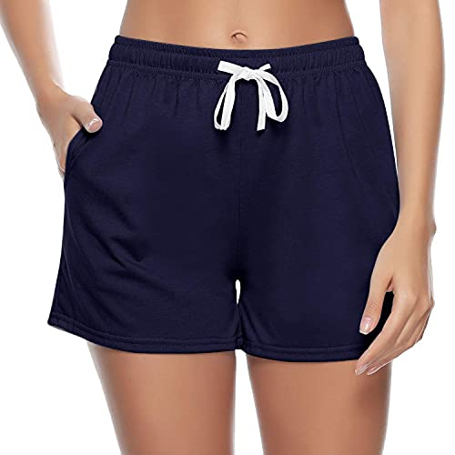 Sykooria Schlafanzughose Damen Kurz Pyjamahose Sporthose Kurz Sommer High Waist Kurze Hosen Nachtwäsche Shorts aus Baumwolle mit Taschen für Schlaf Sport Yoga, Navy blau, L von Sykooria