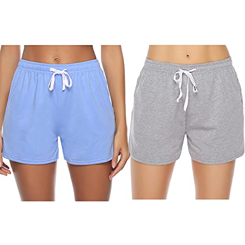 Sykooria Schlafanzughose Damen Kurz Pyjamahose Sporthose Kurz Sommer High Waist Kurze Hosen Nachtwäsche Shorts aus Baumwolle mit Taschen für Schlaf Sport Yoga, Blau+Grau, L von Sykooria