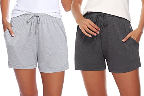 Sykooria Schlafanzughose Damen Kurz Pyjamahose Sporthose Kurz Sommer High Waist Kurze Hosen Nachtwäsche Shorts aus Baumwolle mit Taschen für Schlaf Sport Yoga, C-Dunkelgrau+Grau, L von Sykooria